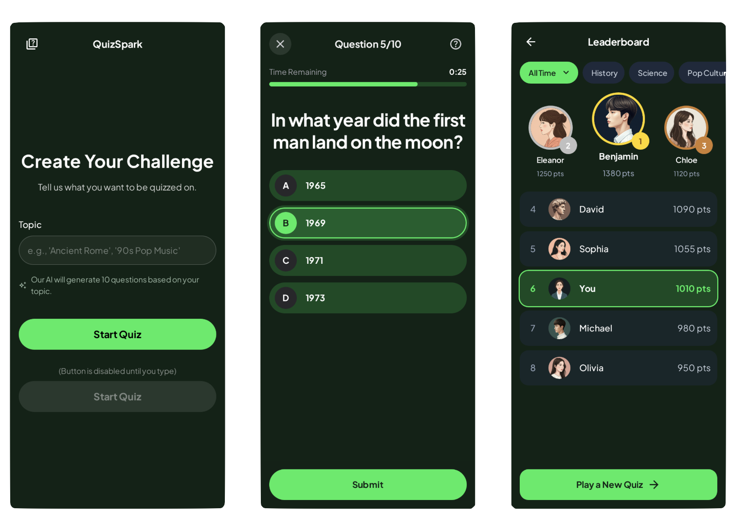 Design Mockups of Quiz Spark generated by Google&rsquo;s Stitch project.