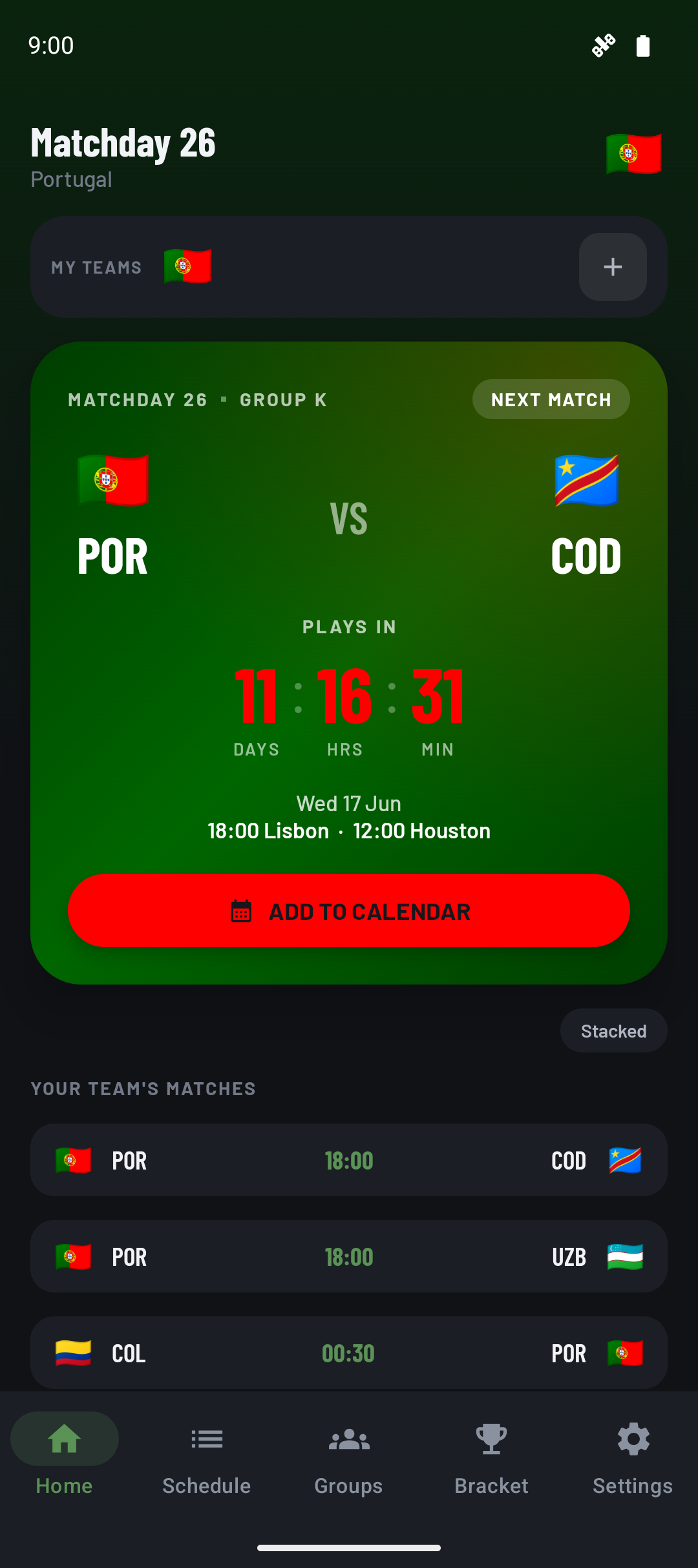Matchday 26 home screen with the next match