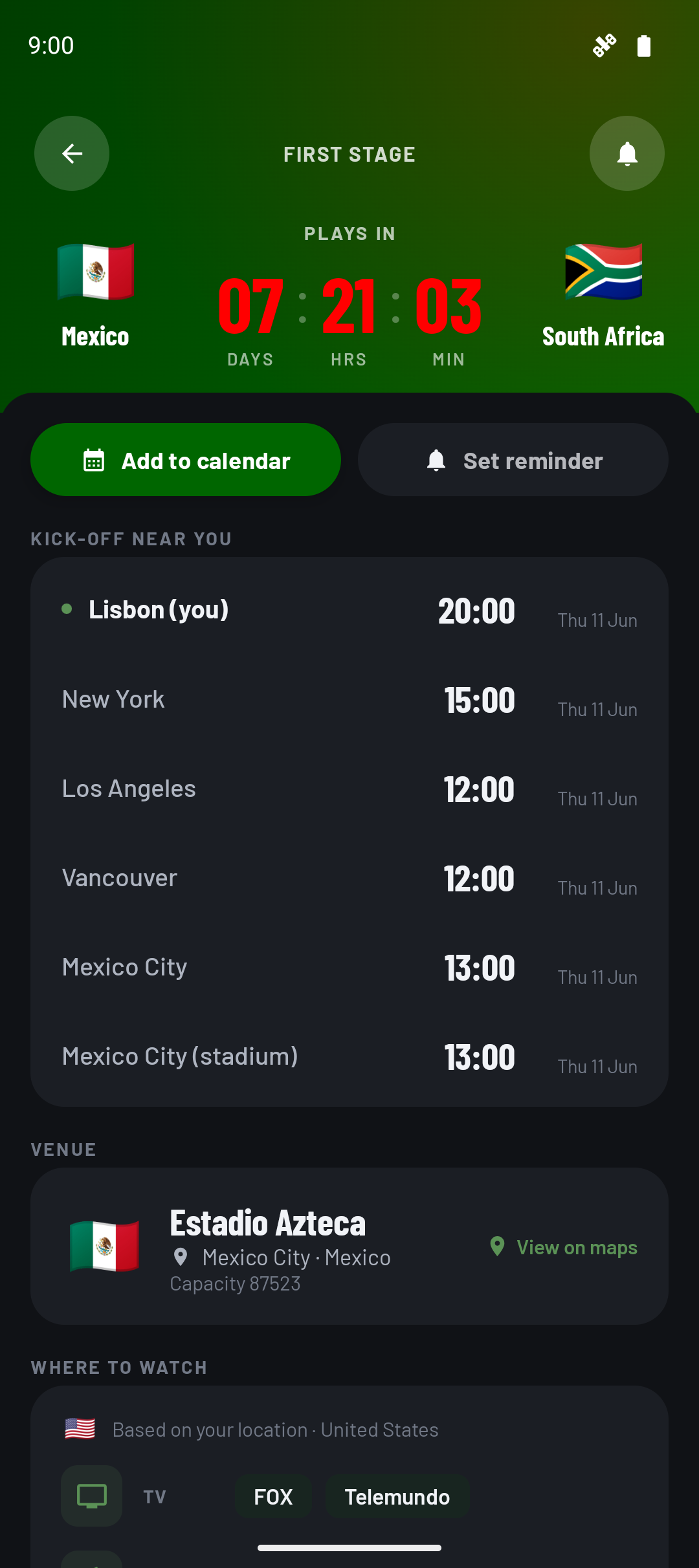 Match centre with venue, world clocks and where to watch